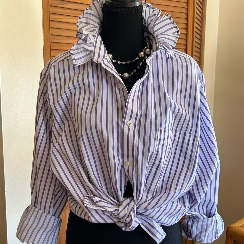 Chaps Lavender and White Striped Button-Down Tie-Front Shirt